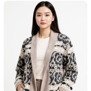 Mademoiselle COZY Open Front Cardigan in Cream and Gray oversized